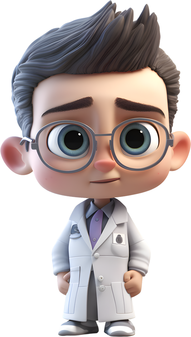 3D rendering of a cartoon character with glasses and a medical gown